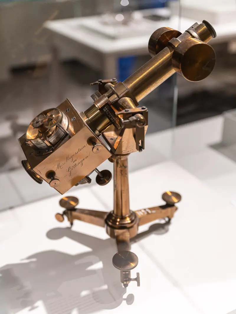 Antique Brass Scientific Surveying Instrument on Museum Display Stand
