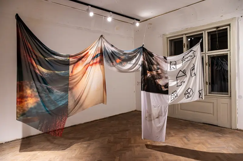 Draped Textiles and Abstracted Forms in Gallery Installation