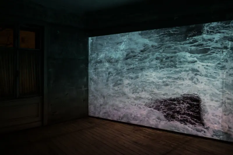 Large-Scale Water Projection in Dark Gallery Space with Wooden Floor