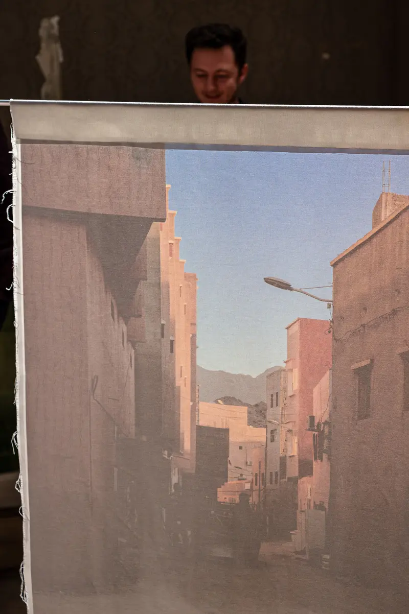 Urban Architectural Study with Distant Streetscape in Soft Sunset Tones