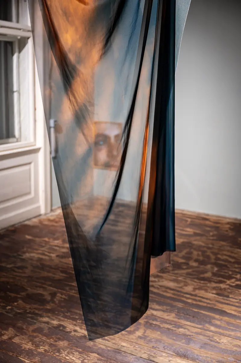 Translucent Curtain Revealing Shadowy Interior Architectural Space