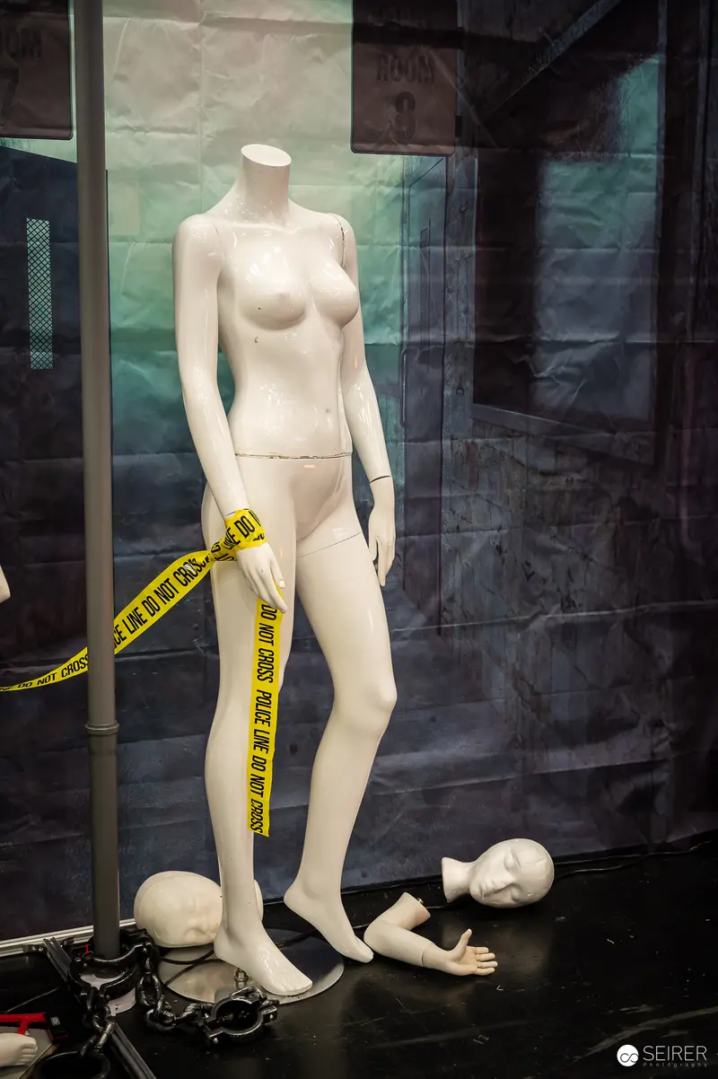 Mannequin Installation with Caution Tape, Fragmented Symbolic Tableau