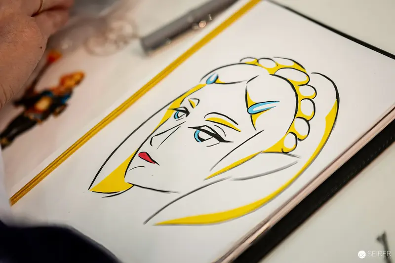 Artist's ink and marker portrait of blonde female character at VIECC Vienna Comic Con 2023