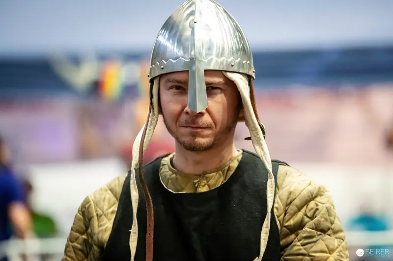Medieval Reenactor in Nasal Helmet and Gambeson at VIECC Vienna Comic Con 2023