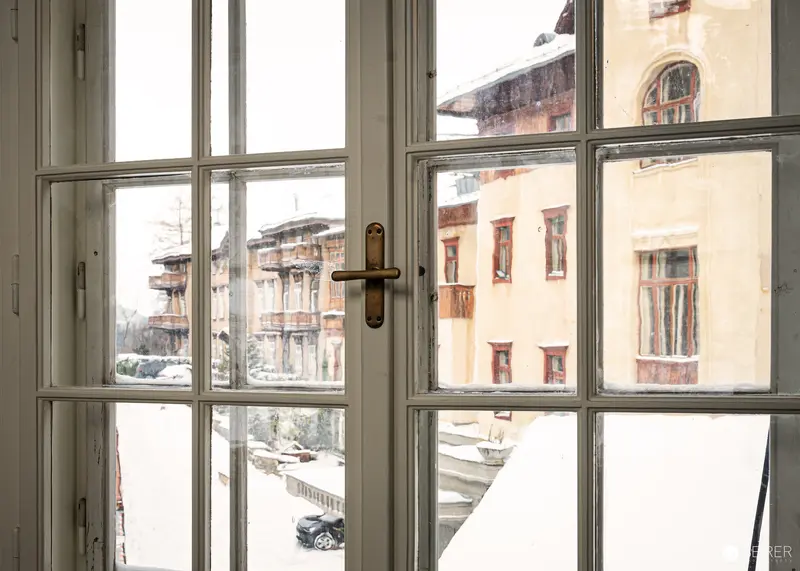 Snow-Covered Südbahnhotel Wings Seen Through Multi-Pane Window, Semmering, November 2023