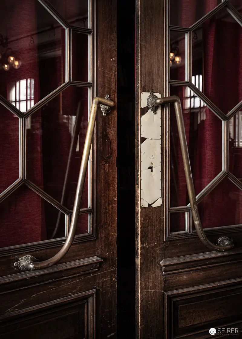 Brass Door Handles on Historic Glazed Double Doors, Südbahnhotel Semmering
