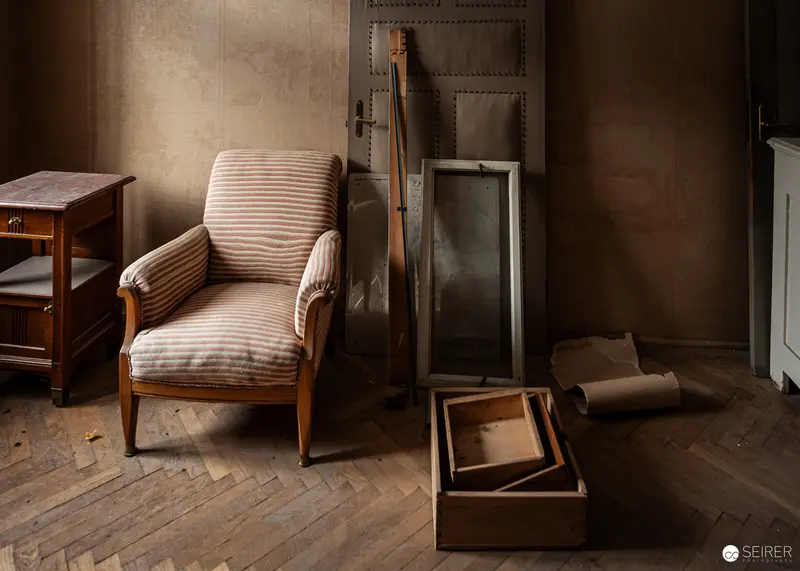 Striped Armchair and Abandoned Furniture in Südbahnhotel Semmering Guest Room, November 2023