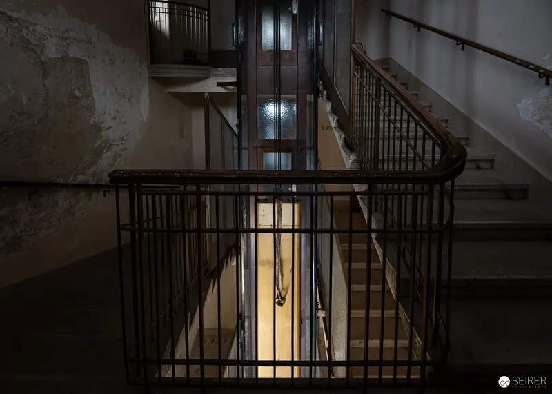 Historic elevator shaft and stairwell inside the Südbahnhotel, Semmering, Lower Austria
