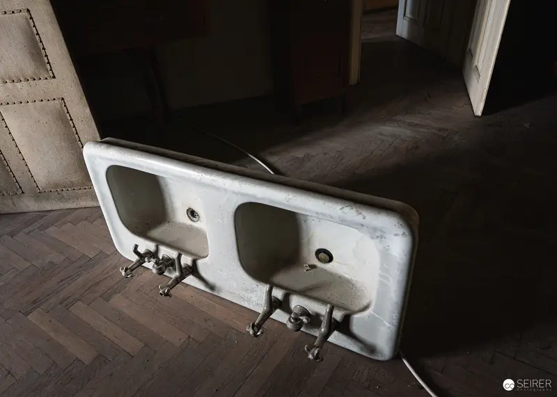 Removed Double Washbasin Leaning on Parquet Floor, Südbahnhotel Semmering