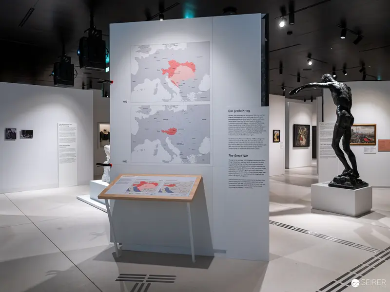 Wien Museum Renovation Exhibit: Maps, Sculpture, and Historical Display Layout