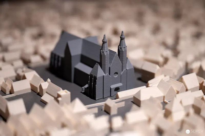 Architectural Scale Model of Historic European Church and Surrounding Urban Landscape