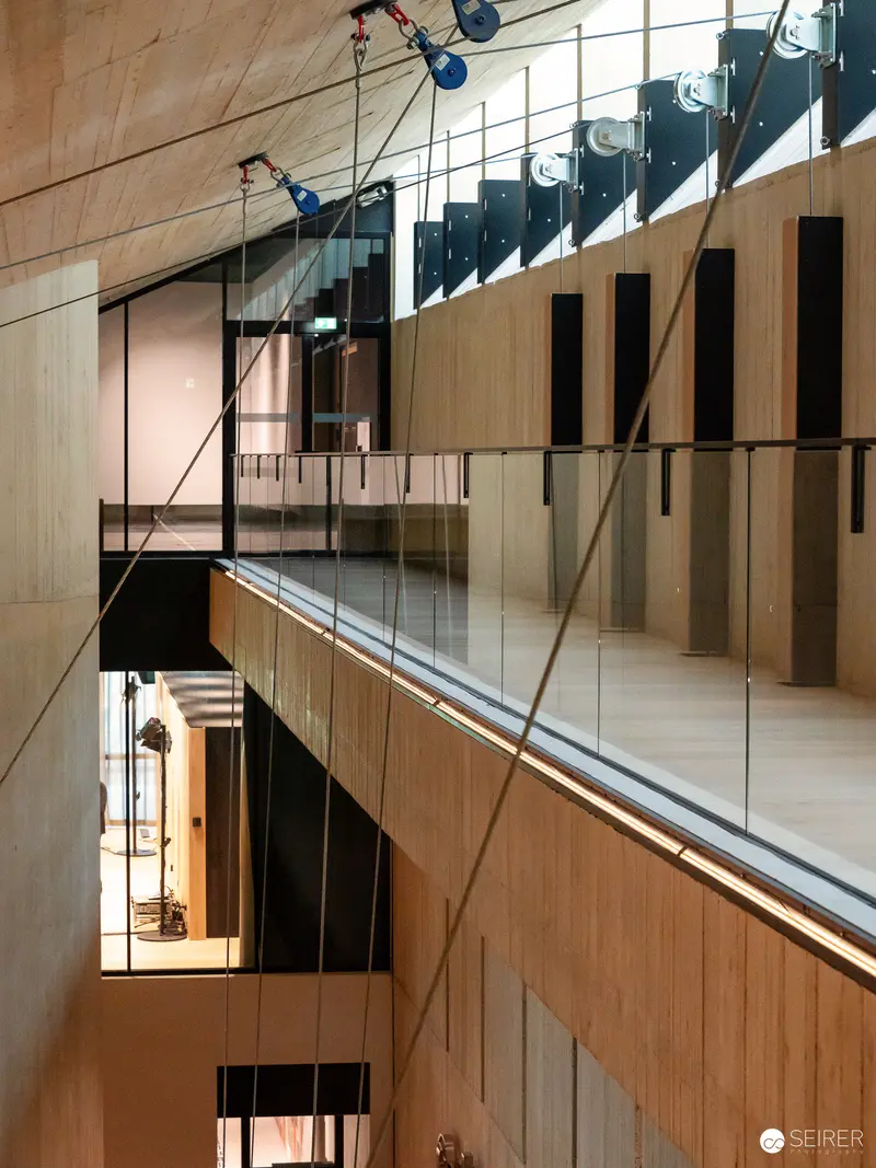 Wien Museum Interior Architectural Photography: Multi-Level Glass and Wooden Exhibition Space