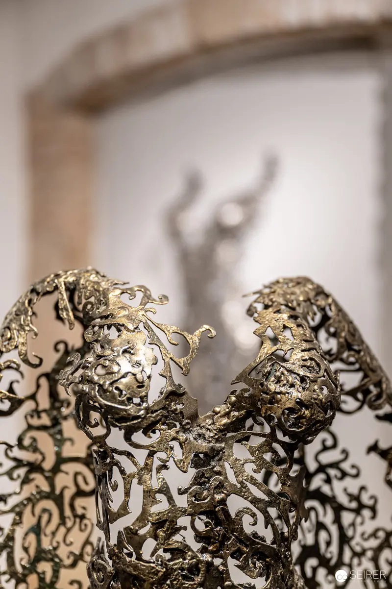 Intricate Sculptural Form Revealing Shadowy Gesture in Background