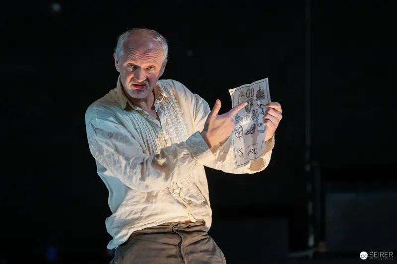 Günter Franzmeier Holds Document in "Es muß geschieden sein" Rehearsal at Josefstadt Theater
