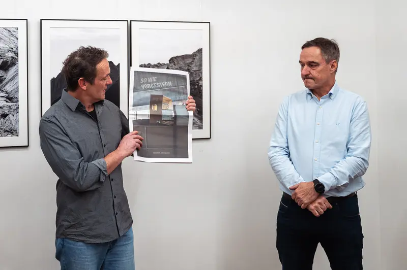 Diplomausstellung der Prager Fotoschule: Two Artists Discussing Photograph at Exhibition
