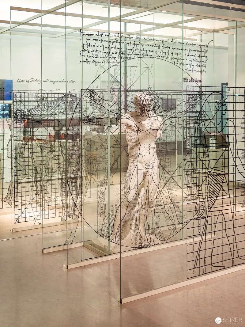 Da Vinci's Vitruvian Man Reimagined Through Glass and Geometric Grids