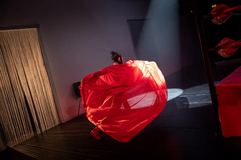 Red-Draped Performer in Dramatic Lighting at Kosmos Theater, Wien