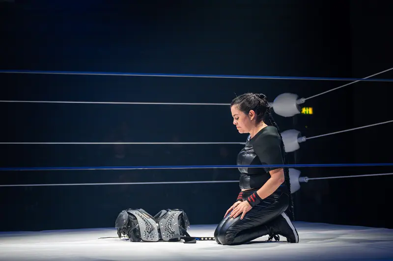 Maria Müller in Dramatic Pose at Kosmos Theater's "Keeping up with the Penthesileas"