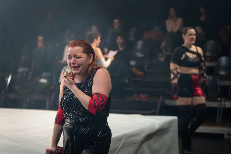 Performer's Emotional Moment at "Keeping up with the Penthesileas" Theater Production