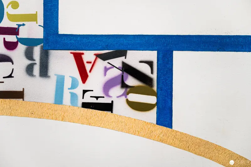 Abstract Typography Composition with Blue Geometric Lines and Color Fragments