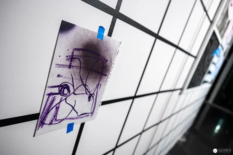 Abstract Purple Sketch Mounted on Grid Wall in Strabag Kunstforum Exhibition