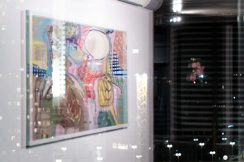 Abstract Artwork on Gallery Wall with Night City Reflection at Strabag Kunstforum