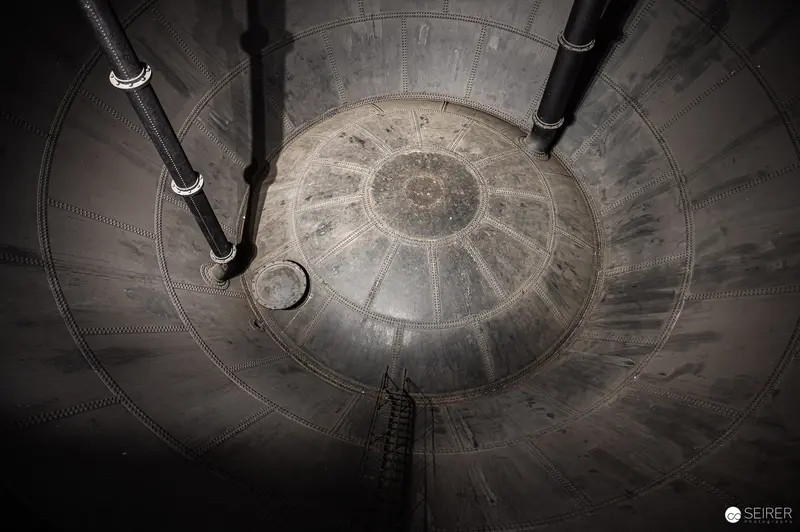 Interior View of Industrial Water Tower Dome with Metallic Structural Elements