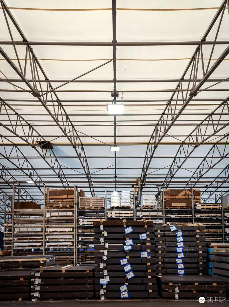 Steel Storage Warehouse Interior with Metal Truss Roof Structure