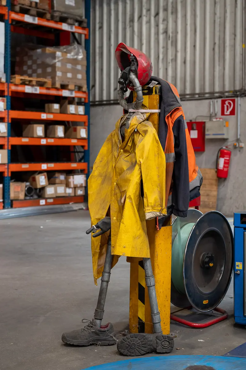 Warehouse Safety Gear and Equipment on Yellow Work Stand