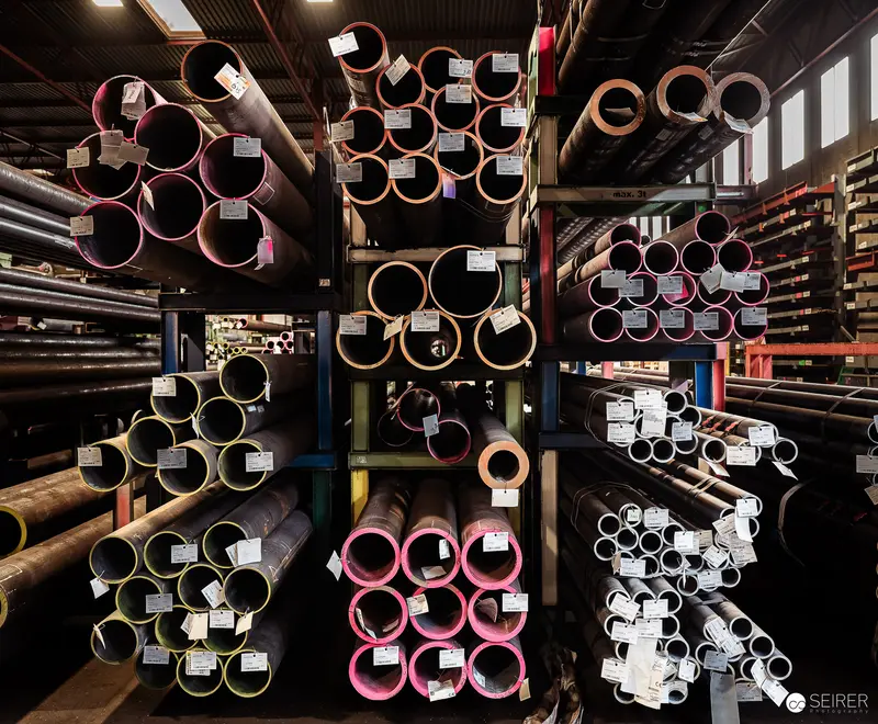 Industrial Steel Pipe Storage at Seirer Manufacturing Warehouse in Guntramsdorf