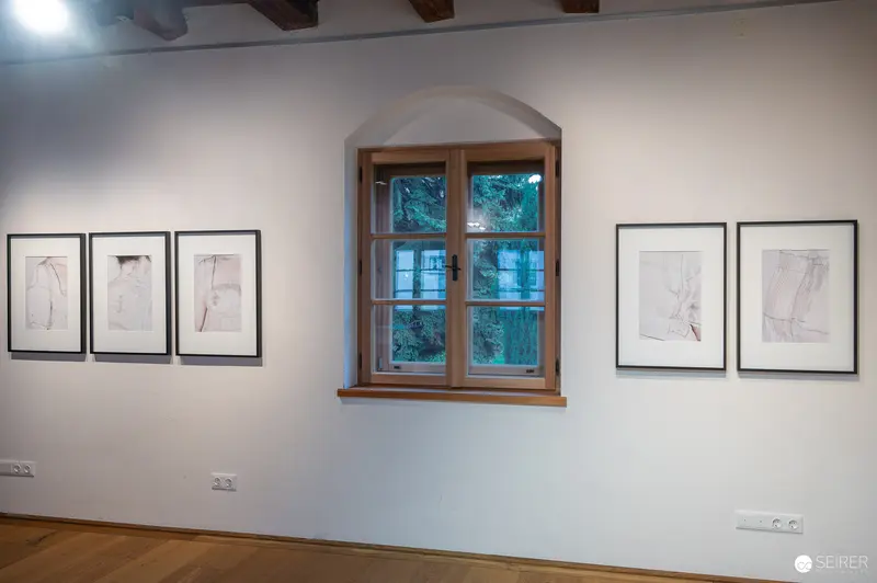 Hide & Seek Exhibition at Fine-Art Gallery Traismauer: Framed Artworks and Arched Window