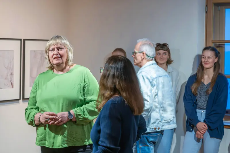 Gallery visitors and artists at "Hide & Seek" exhibition in Traismauer