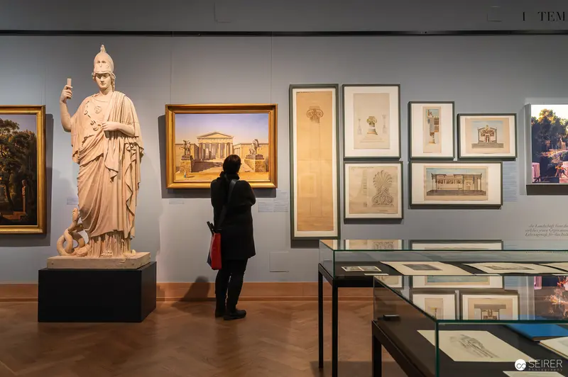 Classical Statue and Gallery Visitor at "Fact and Fiction in Historical Painting" Exhibition