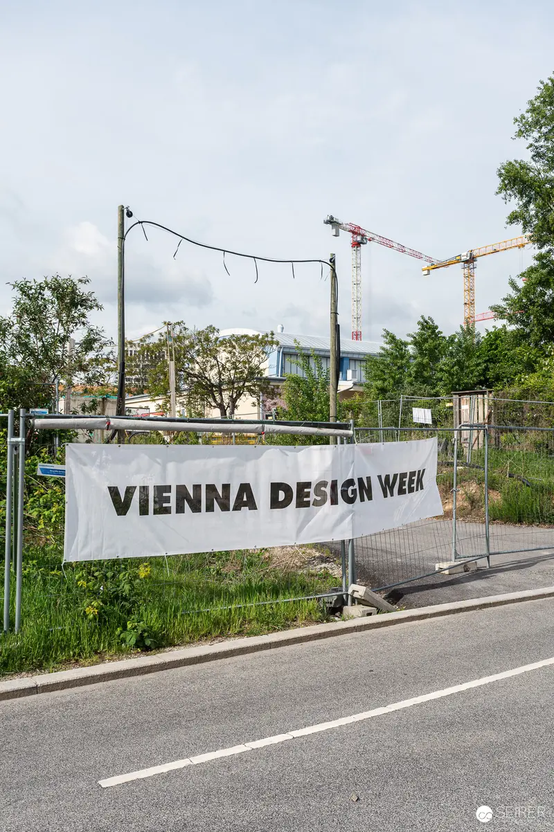 Vienna Design Week Construction Site Entrance Banner and Active Building Development