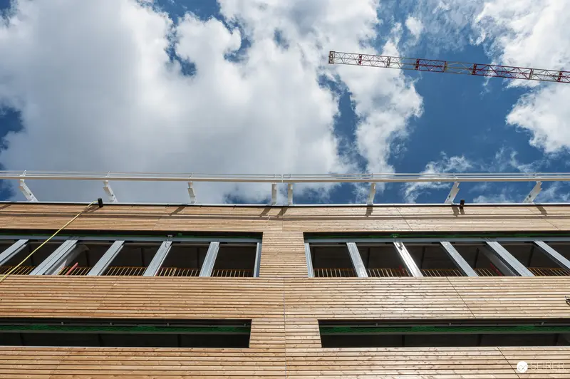 Modern Wooden-Clad Building Facade with Horizontal Windows and Construction Cranes