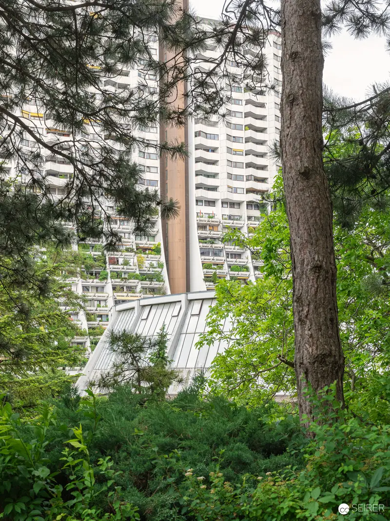 Urban Architecture of Alterlaa: High-Rise Residential Complex Through Pine Trees