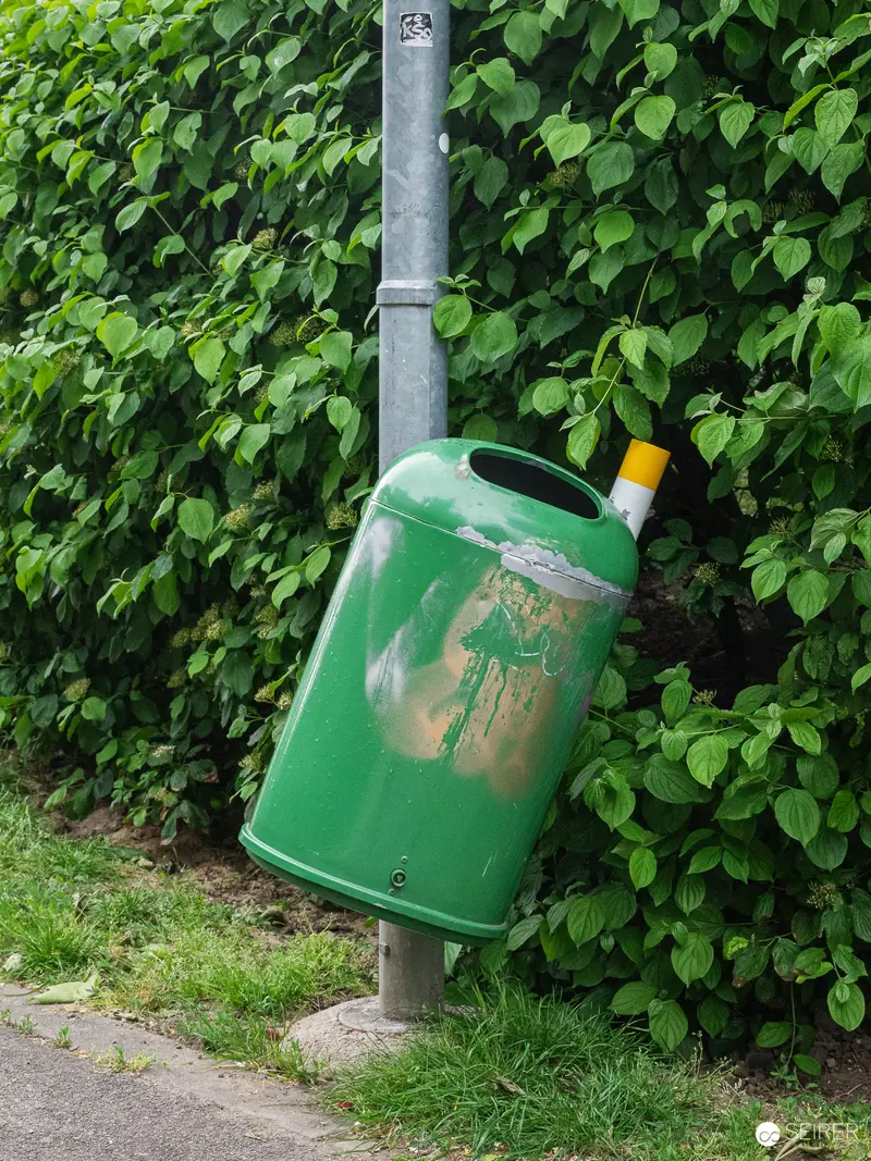 Green Trash Can Tilted on Metal Pole Near Leafy Hedge