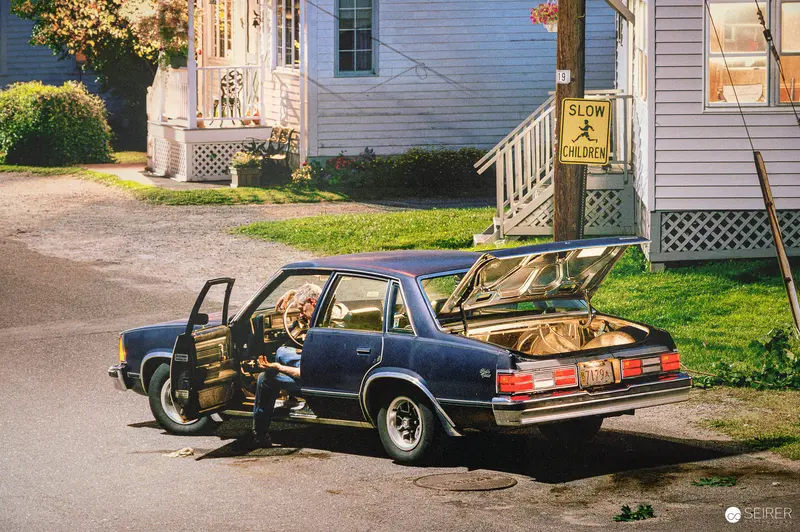 Gregory Crewdson Photograph of Dark Blue Sedan on Suburban Street, Albertina Vienna 2024