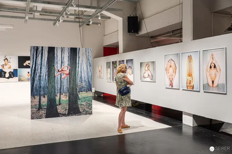 Intimate Art Gallery Exhibition Featuring Nude Photography and Forest Scenes