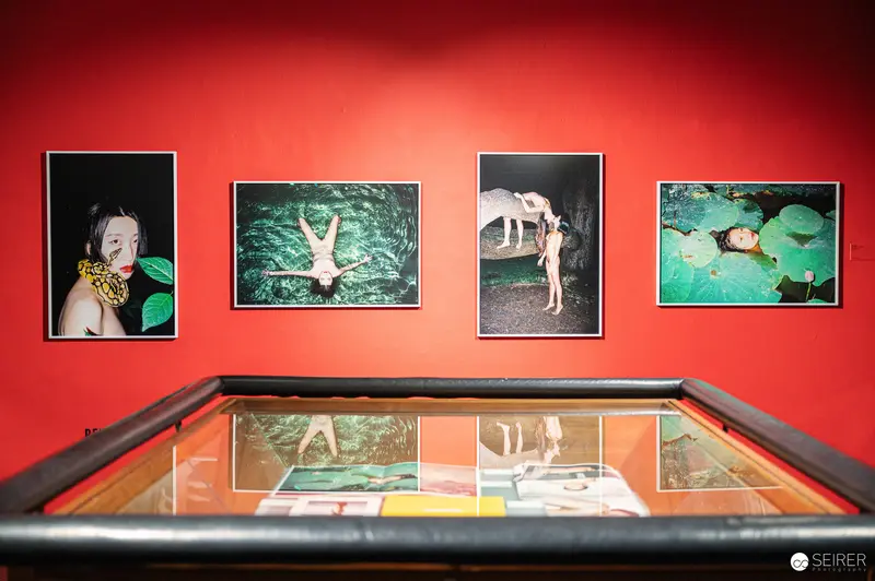 Art Gallery Exhibition on Red Wall Displaying Surreal Photographic Artworks
