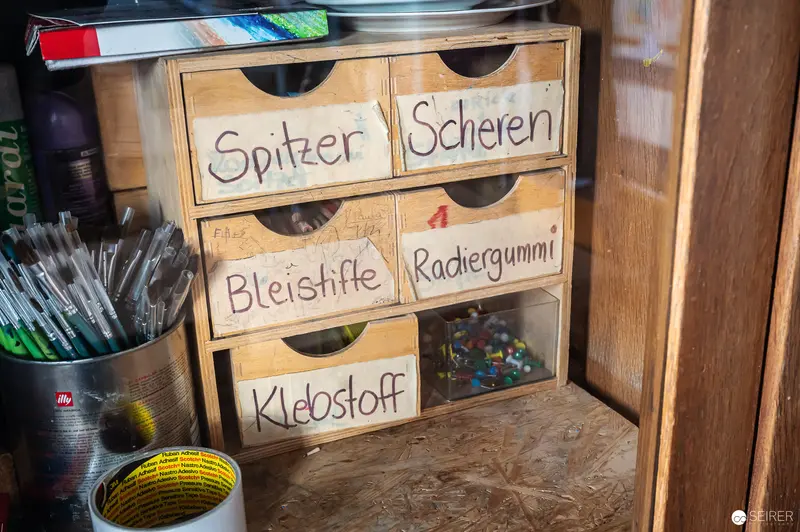 Vintage Wooden Drawer Organizer for Art Supplies in Workshop