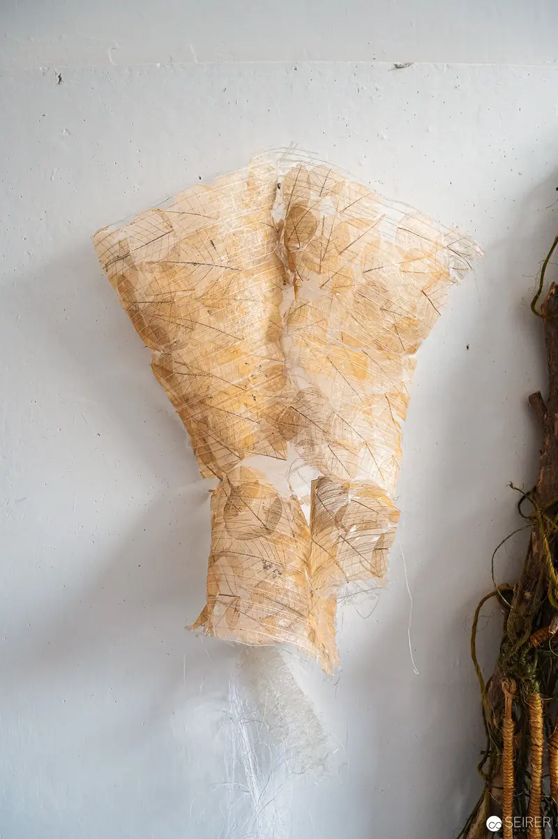 Delicate Translucent Textile Sculpture Mounted on Pale Wall