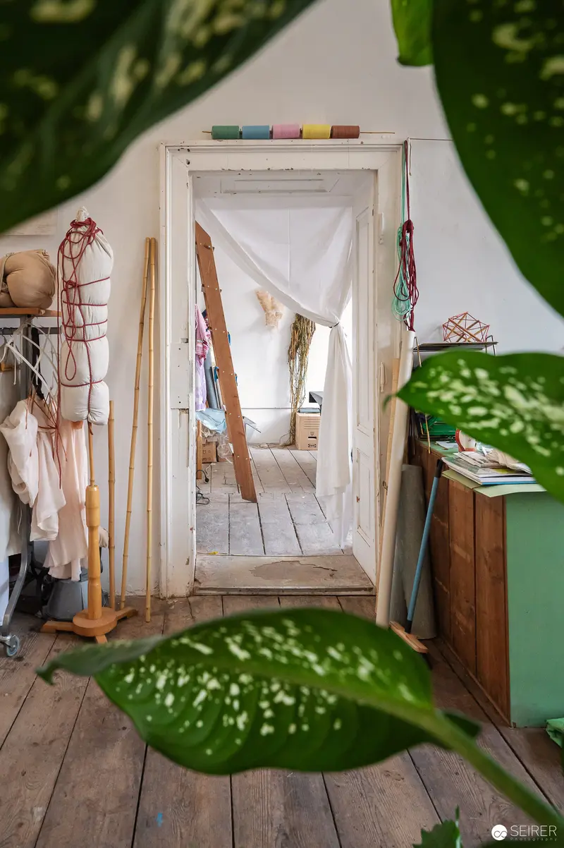 Interior View of Wooden Workshop Space with Green Leaf Foreground