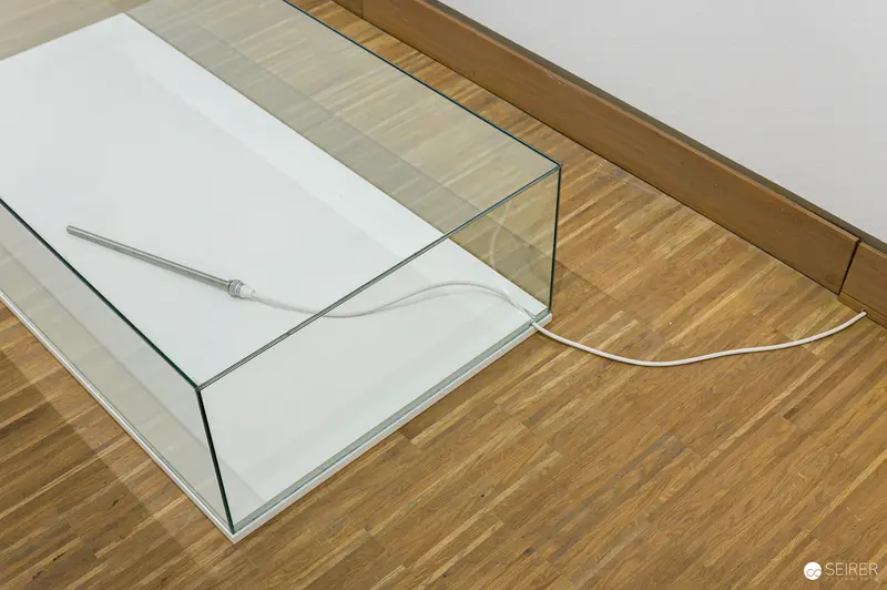 Erwin Wurm's Minimalist Glass Vitrine with Suspended Metal Object