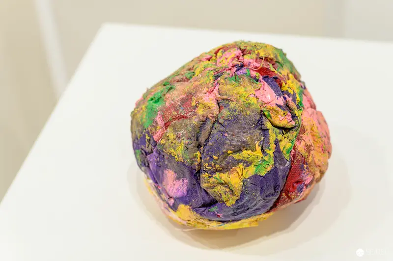 Textured Organic Sculptural Form in Muted Green, Purple, and Yellow Tones