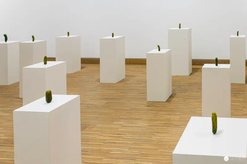 Erwin Wurm's Minimalist White Pedestals with Green Sculptural Objects