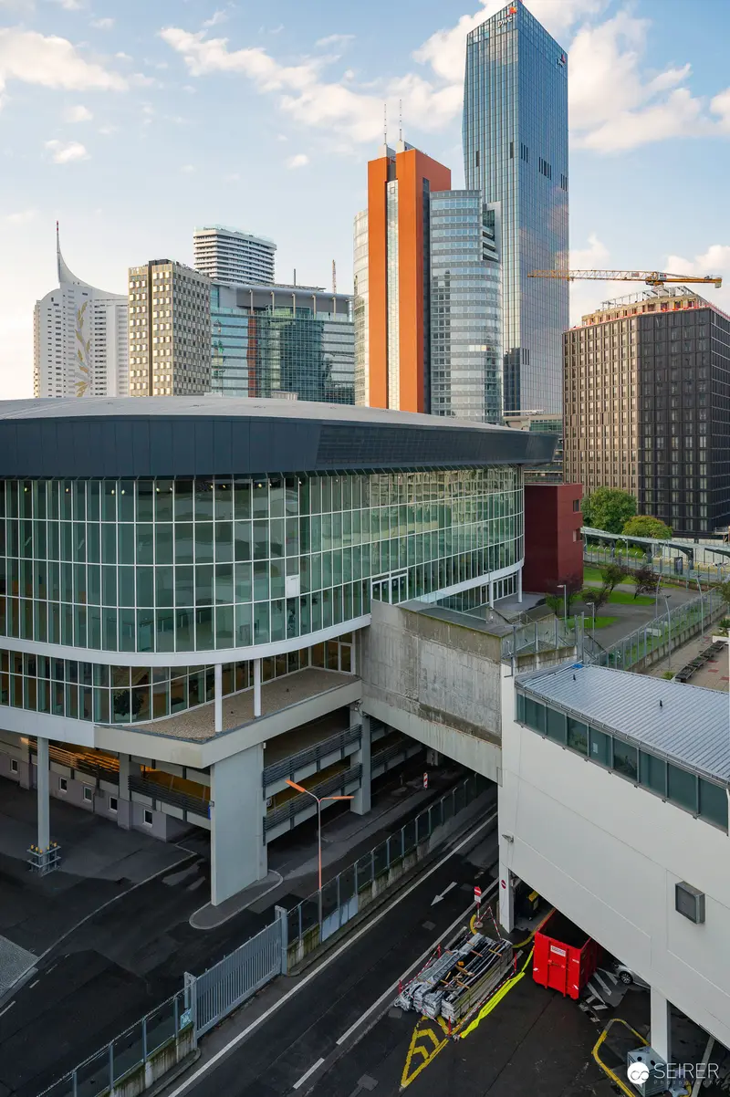 Modern Urban Landscape of Vienna International Center with Glass and Steel Architecture