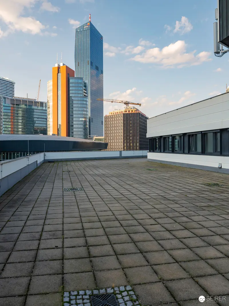 Modern Urban Architecture at Vienna International Center with Geometric Rooftop Perspective