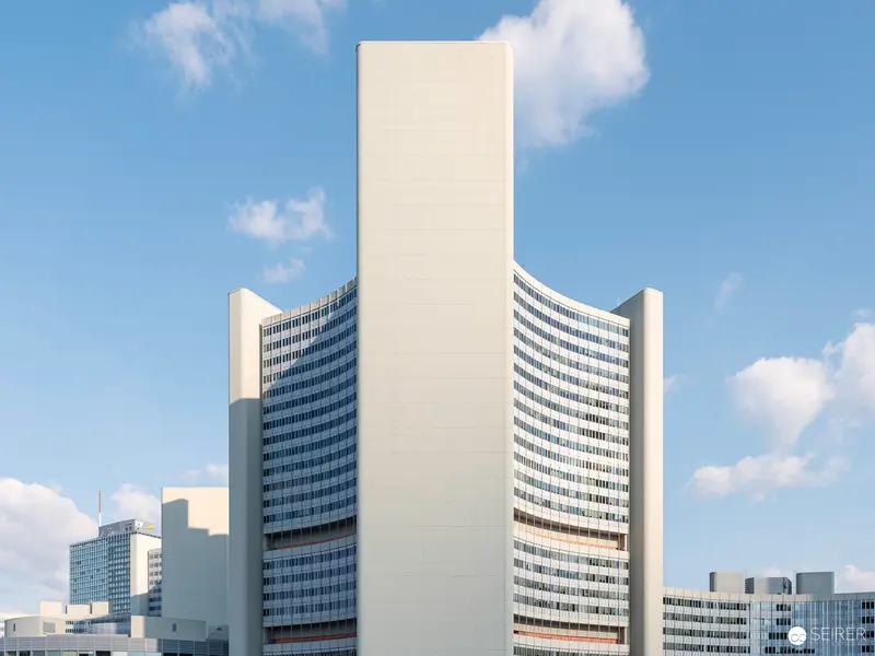Modernist Vienna International Center with Curved White and Blue-Gray Architectural Volumes