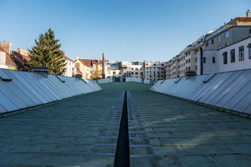 Urban Architectural Perspective of Green Linear Pathway Between Buildings